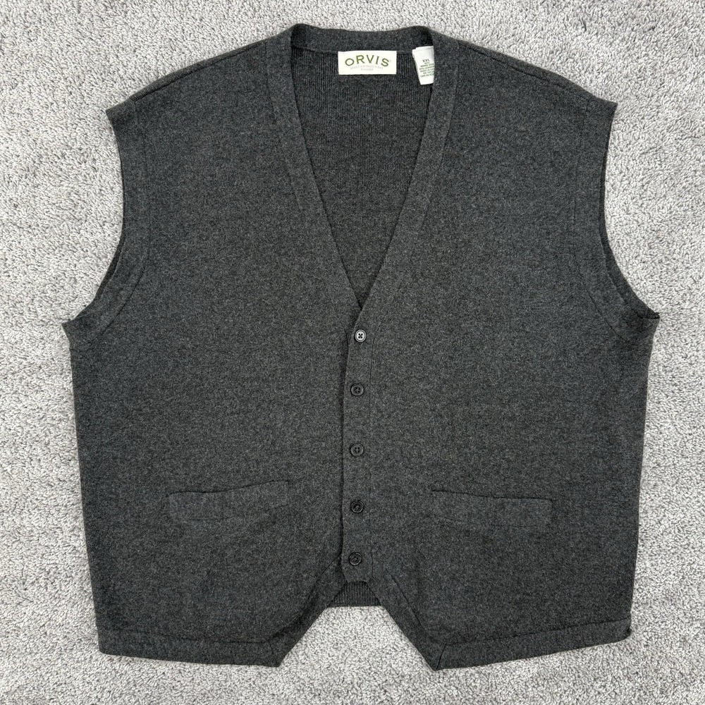 Orvis Merino Wool Cashmere Sweater Vest Mens XXL Gray Cardigan Grandpa Old Money